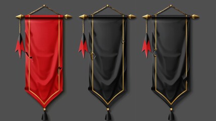 Poster - Animated vinyl banners with white and red flags. Fabric canvas, signboards with golden ropes, rectangle vertical or horizontal awnings for advertising on the street, realistic illustrative concept.