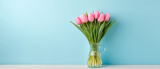 Bouquet of pink tulips on tosca background. Mothers day, Valentines Day, Birthday celebration concept. Greeting card, invitation card, thanks card. Copy space, top view