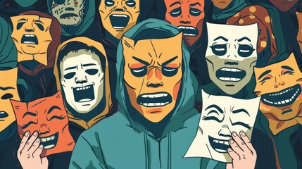 Personality banners with sad faces hidden behind happy masks. Impostor syndrome, hypocrisy, psychological help to men and women with identity issues. Line art flat modern flyers.