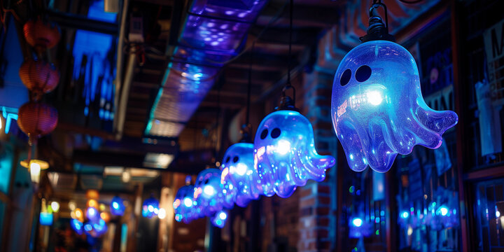 ffun translucent plastic iridescent fairy light ghosts hanging in dark bar pub restaurant background