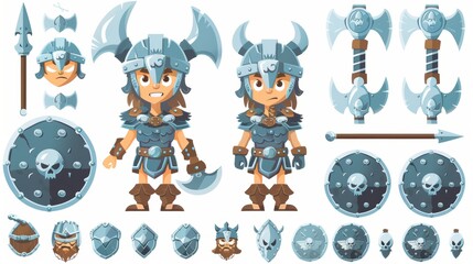 Wall Mural - Character walk cycle for Vikings, set of modern cartoons with swords, shields, helmets with horns, and skull necklace. 2D animation sprite sheet of a warrior with an axe.