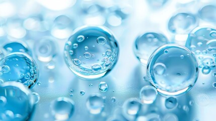 Wall Mural - Close-up of translucent blue bubbles floating against a light background.