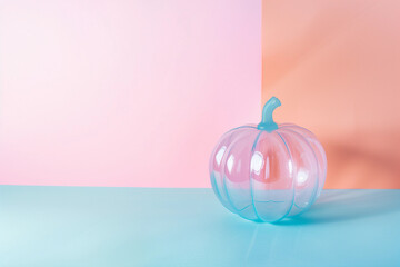 Wall Mural - Clear translucent plastic acrylic perspex pumpkin Halloween decor on minimal ghostly creative concept block pattern aqua pink table background copy space for mock product young modern Thanksgiving ad