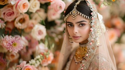 Wall Mural - Beautiful bride in traditional Indian attire with intricate jewelry and flowers