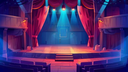 Wall Mural - This modern cartoon illustration represents an empty theatre stage with velvet drapes, red curtains, spotlights, and decoration of sacks.