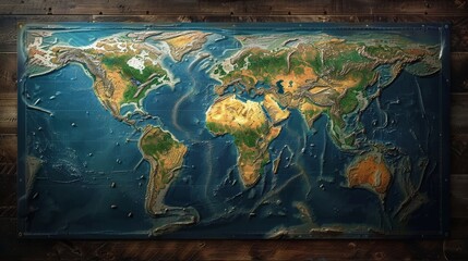 Detailed topographic world map on a wooden textured background with 3D relief effect showing continents and oceans