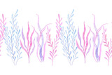 Watercolor seamless border with coral reef. Pink, purple and blue corals. Cute style, marine theme, underwater world. Children's product design, girly style.