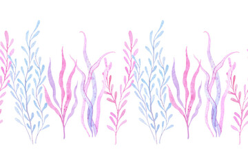 Watercolor seamless border with coral reef. Pink, purple and blue corals. Cute style, marine theme, underwater world. Children's product design, girly style.