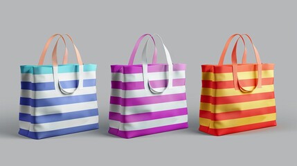 Wall Mural - Imaginative mockup of rainbow striped tote bags made of organic cotton with a handle on a grey background.