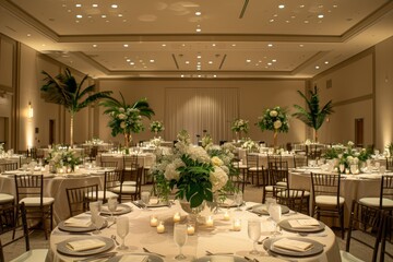 Wall Mural - A large banquet hall with tables and chairs set up for a large gathering