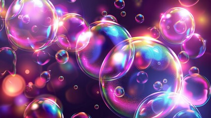 Poster - An abstract background with neon soap bubbles, iridescent glass balls or spheres, and water foam on a black background. Lots of shiny bright circles and realistic 3D modern illustration of water foam