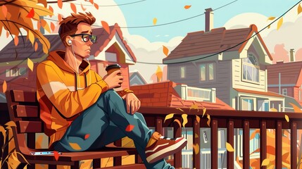 relaxing man in a suburban area with cottage houses at beautiful autumn weather with a coffee cup an