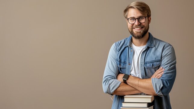 Smiling man with glasses holding a stack of books against a beige background