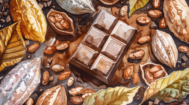 A whimsical watercolor depiction of a chocolate bar surrounded by cocoa beans and cocoa pods to mark World Chocolate Day