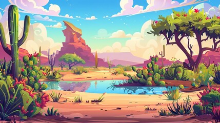 Wall Mural - An African desert with sand dunes and oases. Modern illustration of plants and cactus on the shore of a river or lake, in a hot desert landscape.