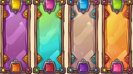 Poster - Modern illustration of empty lilac buttons decorated with medieval metal or wooden borders and gemstones. Game user interface design elements.