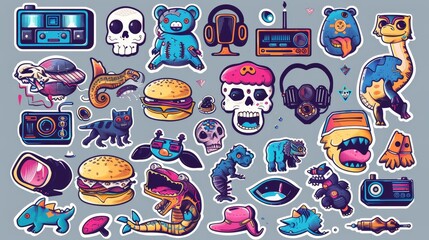 Wall Mural - A cartoon modern acid design badge set of funny burgers, coffee men, pagers, dinosaurs, mushrooms and cute odd creatures.