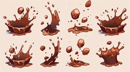 Poster - Animated sprite sheet with splashes of coffee, cocoa or tea. Splash effect with brown drinks with drops and splatters on dark background.