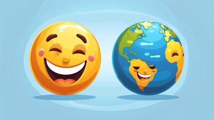 Poster - Retro flyers in trendy style, cartoon modern illustration for Y2K posters. Yellow emoji face and Earth globe show positive emotions and smile.