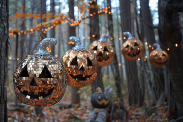 Wall Mural - Fun gold metallic shiny light up disco ball pumpkin for Halloween mirror jack-o-lantern hanging in tree forest bush background banner empty mock fall day party event concept creative