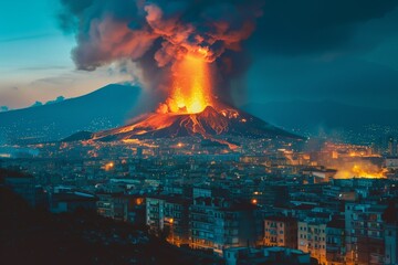 Wall Mural - Volcanic eruption, view from the city. A natural disaster. Fire in the mountains, explosion. The release of lava and smoke from a dormant volcano
