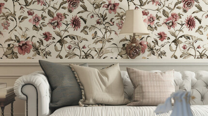 Wall Mural - A vintage floral wallpaper design, with intricate details and muted colors, offering a nostalgic and romantic backdrop.