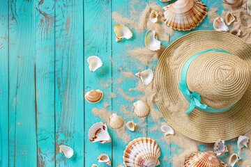 Summer Beach - Yellow Wooden Plank With Accessories - Hat Towel And Flip Flops With Seashells And Leaves Palm. Beautiful simple AI generated image in 4K, unique.