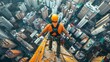 © Oskar - A construction worker in safety gear stands precariously on the edge of a skyscraper, high above the urban landscape