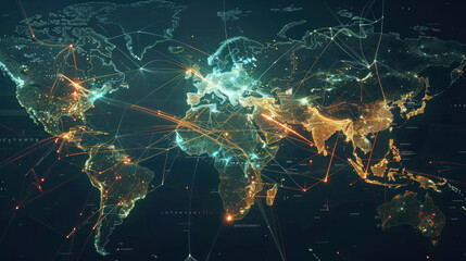 Wall Mural - Abstract visualization of global trade with interconnected world map and shipping routes.