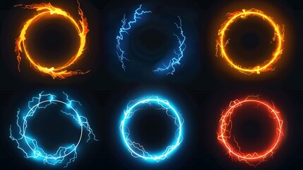 Poster - The UI circle border for profile avatars in game with electricity lightning effect. Neon thunderbolt frame isolated modern. Different fantasy elements for user wreath. Winner ring design.