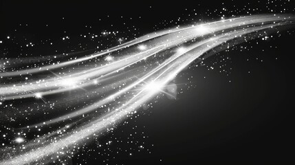 Poster - Fast speed trail with sparkles on dark background. Glow and blur motion effect modern illustration set. Transparent frost air tail streak.