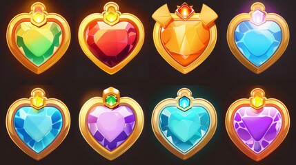 Poster - The game buttons are made from gems and gold frames. Ui interface elements, which have crystal banners in a variety of colors with golden borders, isolated on a white background.
