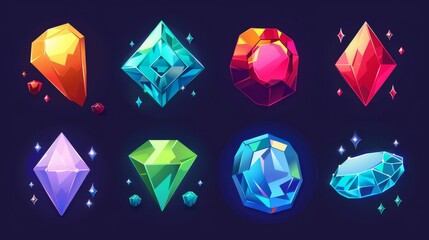 Poster - A cartoon set of game crystals isolated on a dark background. Modern illustration of squares, gem stones, sapphires, and emeralds. Gaming jewels kit element.