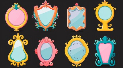 Poster - Illustration of colorful vintage borders for photo, picture, mirror, drawing. Retro style decoration for home or museum. Isolated on black background.