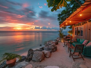 Wall Mural - A beach house with a patio overlooking the ocean. The patio is lit up with lights and there are several chairs and couches. Scene is relaxed and peaceful, with the beautiful sunset in the background