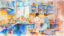 Delicate Watercolor Of A Mother And Daughter Baking In A Cheerful Kitchen.
