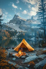 night camping by the lake, surrounded by majestic mountains, under a blue sky, offering tranquility