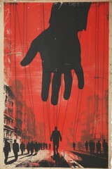 A hand is reaching out to a person in a red and black poster