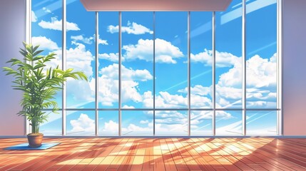 Wall Mural - A glass window in the room interior with a sky view through the floor and a wooden furniture and floor background. The studio hall has plants for a relaxing lounge area. The sun shines on a carpeted