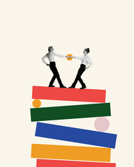 Contemporary art collage. Two women in formal attire holding hands while balancing on geometric figures. Concept of partnership, business acquisition, deals, cooperation, teamwork, contract. Ad