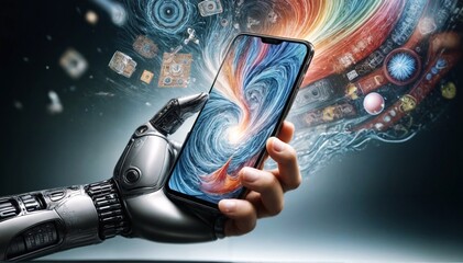 Wall Mural - A robot's hand holds a phone, many colorful artificial intelligence lines float out of the screen