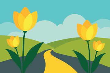 Sticker - green road concept in yellow and green colors. flowers on the roadway. save the environment.