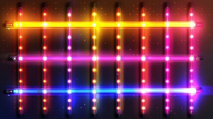 Poster - Rainbow LED stripes isolated on transparent background. Modern illustration of colorful light tubes glowing in darkness. Night club party decor. Retro futuristic design elements.