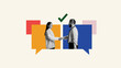 © Lustre Art Group  - Contemporary art collage. Two young people standing in speech bubbles and shaking hands. Meeting an make deals online. Concept of partnership, business acquisition, deals, cooperation, teamwork. Ad