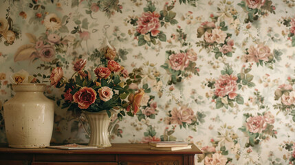 Wall Mural - Envelop your room in the nostalgic charm of a vintage floral wallpaper design, featuring delicate blooms and muted colors for a romantic atmosphere