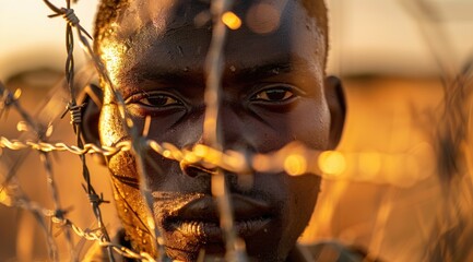 Young African man behind barbed wire in the savannah, sunset in the background, freedom day concept, Juneteenth, Black Independence Day.