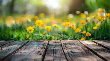 Wall Mural - Empty wooden table top for product display, presentation stage. Spring flower garden background.	