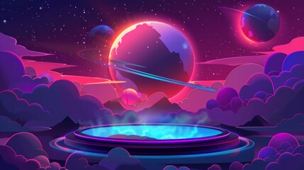 Wall Mural - Space game background with digital hologram or magic portal. Fantasy planet landscape with futuristic podium and hologram. Modern cartoon illustration.