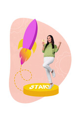 Aufkleber - Poster banner template collage of happy excited business lady company owner finally launch her start up online shop in smart gadget