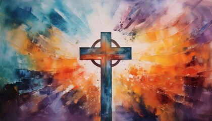 colorful painting art of an abstract background with cross christian illustration